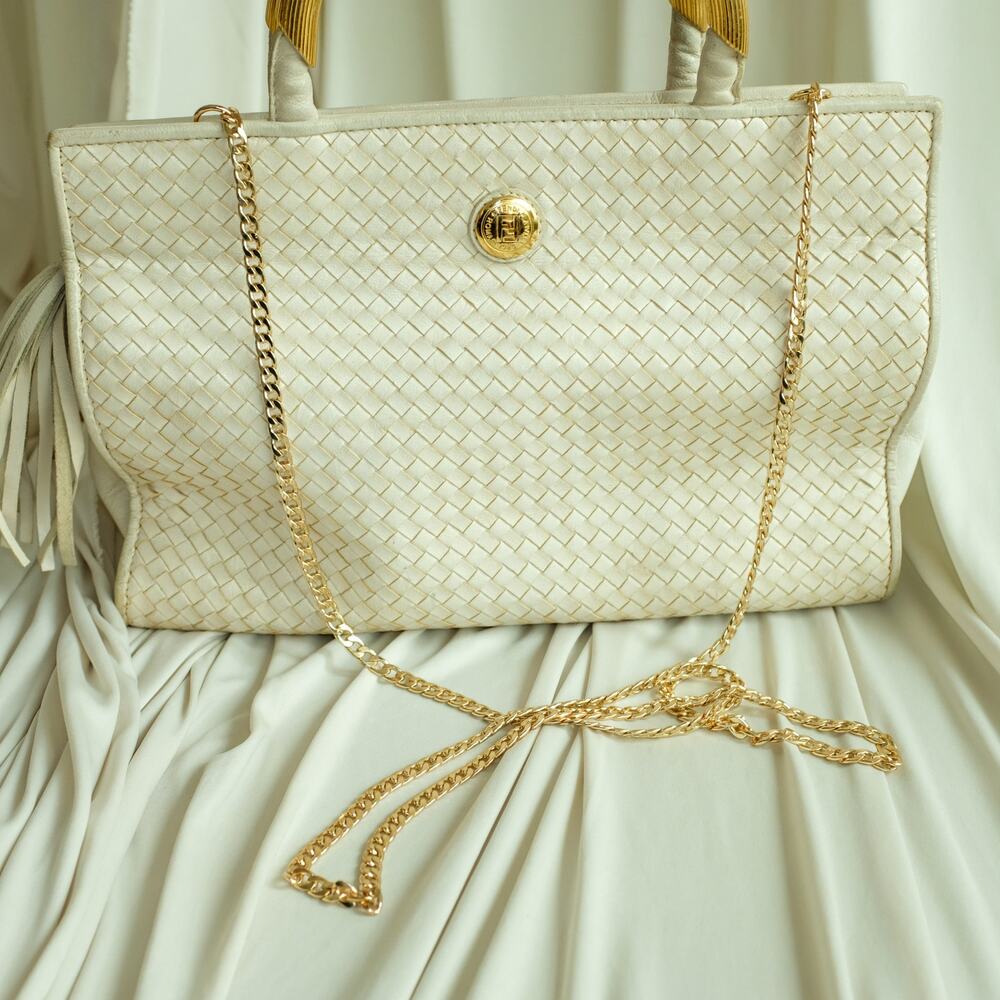 Fendi Woven Leather Tassel Bag - Cream/White, Gold Handles, Vintage - Picture 16 of 16
